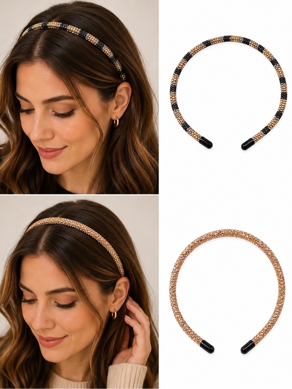 Set of 2 Rhinestone Crystal Headbands Black & Champagne Glam Hair Accessories